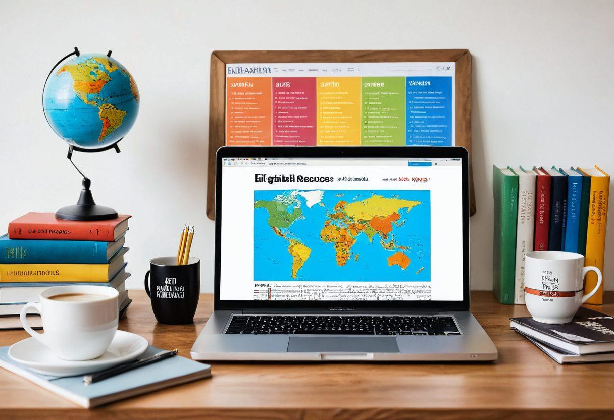An open laptop on a wooden desk surrounded by books, a globe, and coffee mug. The laptop screen displays various English learning resources like grammar exercises, online courses, and language apps. Background shows a light, airy room with posters of famous English authors on the walls. super-realistic. vibrant colors. white background.