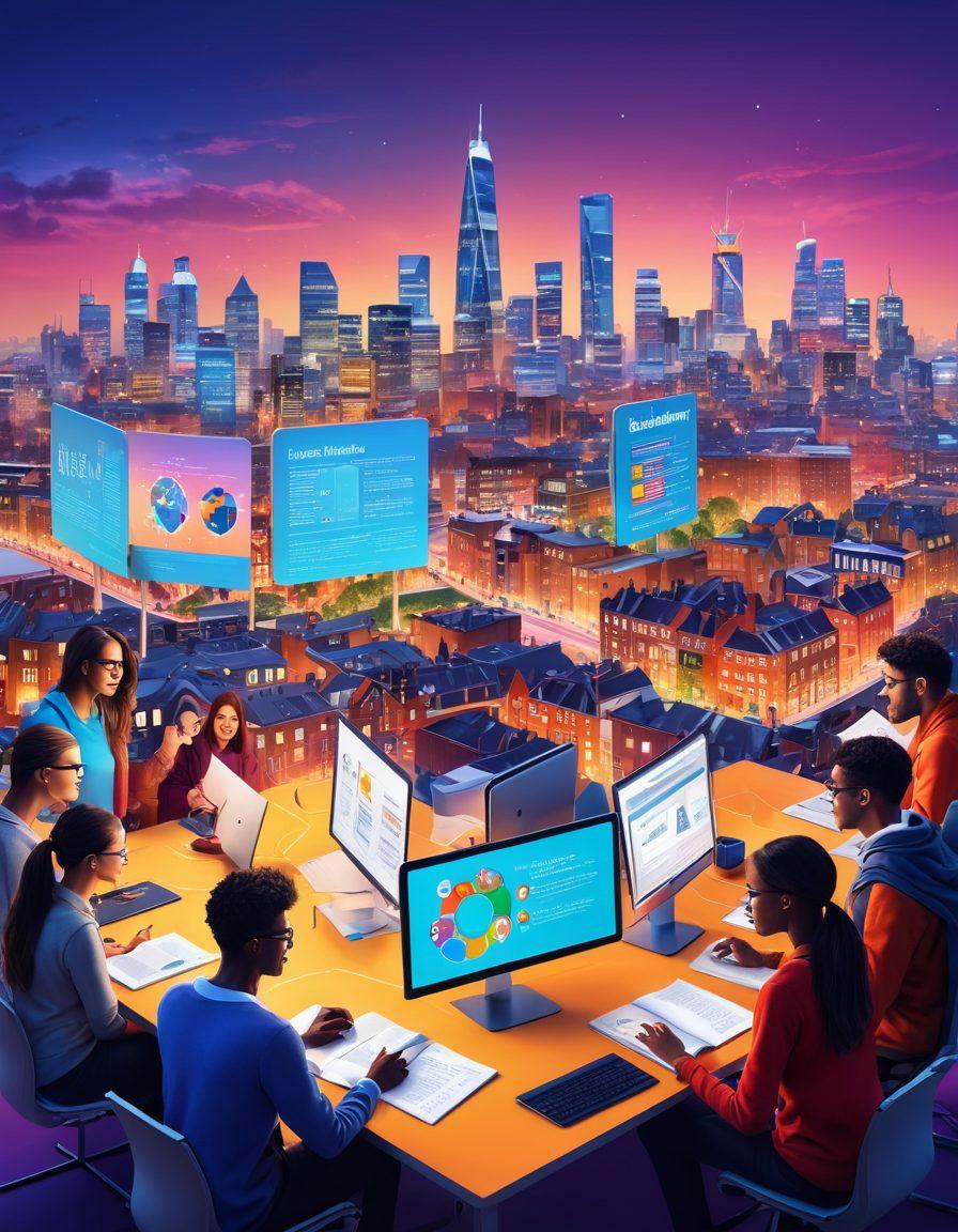 A diverse group of people engaging with interactive digital platforms, featuring open books, educational icons, and computer screens displaying English exercises and activities. The background should include a modern city skyline representing a global community connected online. Blending vibrant colors and dynamic elements to evoke excitement and engagement. super-realistic. vibrant colors. bustling background.