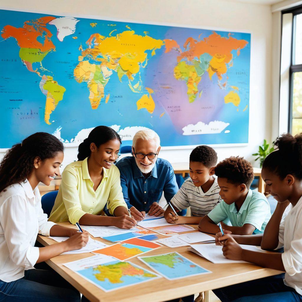A diverse group of people of various ages and ethnicities engaged in different English learning activities, such as reading books, using language apps, and practicing conversation. Background elements include a world map, English vocabulary flashcards, and grammar charts. The scene is set in a vibrant, modern learning environment filled with natural light. super-realistic. vibrant colors.